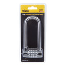 Packaging of a 5-digit combination lock with a long shackle is displayed. The lock is silver, and the package is black and yellow, conveying security.