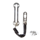 Silver door security chain lock with a black cover, two mounting plates, and a bag of screws against a white background.