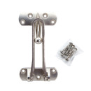 An adjustable stainless steel door guard with a hinged latch is displayed next to a small plastic bag of silver screws on a white background.