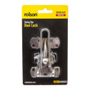 Packaging of a Rolson swing bar door lock. The steel lock is centered against a black background with yellow branding and text describing the product.