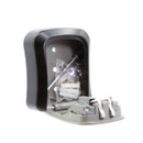 Open black and gray lockbox on a white background, containing screws, wall anchors, and mounting hardware in plastic packaging.