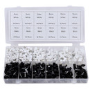 Box with labelled compartments displaying various sizes of black and white cable clips. Organized by colour and size, creating a neat and functional appearance.