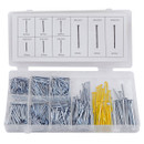 Clear plastic organizer with compartments holding various sizes of metal and yellow nails. Lid displays nail sizes and quantities. Neat and tidy appearance.