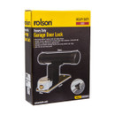 Yellow and black packaging of a Rolson heavy-duty garage door lock. Features product image, measurements, and highlights key specifications for durability.