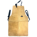 Tan leather apron with black adjustable neck and waist straps. Features a small front pocket with a dark oval patch. Rugged and practical design.