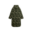 Product-only back view of the long khaki-green hooded changing robe with cream horse print, on a white background.