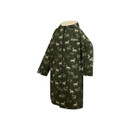 Product-only angled side view of the long khaki-green hooded changing robe with cream horse print, on a white background.