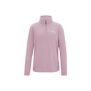 Studio shot of the lilac half-zip fleece, angled side view.