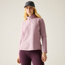 Model wearing a women’s lilac half-zip fleece top with long sleeves.