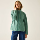 Model wearing a green full-zip fleece jacket with a high collar and drawcords, front view.