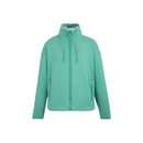 Green full-zip fleece jacket with high collar and drawcords, front view on a white background.