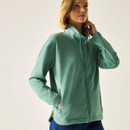 Close-up of the green full-zip fleece jacket, showing the high collar, drawcords and front zip.