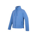 Sonic blue full-zip fleece jacket with high collar and drawcords, three-quarter view on a white background.