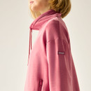 Close-up of the Slate Rose fleece showing the funnel neck, drawcords and sleeve badge.