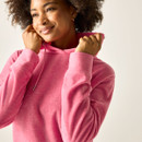 Close-up of the pink marl hooded sweatshirt showing the soft texture, hood and drawcord detail.