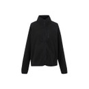 Front view of the black full-zip fleece jacket with a high collar and zip chest pocket.