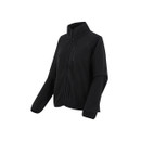 Angled front view of the black fleece jacket showing the high collar and front zip.