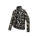 Angled front view of the cream-and-black floral print fleece jacket on a plain background.