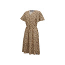 Three-quarter view of the leopard print V-neck dress showing the sleeves and drawstring waist on a white background.