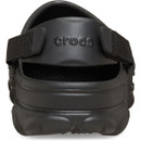 Rear view of black Crocs clog, showing padded heel strap with embossed Crocs logo and reinforced heel cup.