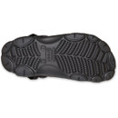 Outsole of black Crocs clog, featuring textured tread pattern designed for grip and everyday wear.