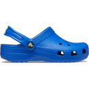 Side profile of a blue bolt Crocs Children's Classic Clog with textured sole, ventilation ports and adjustable heel strap.