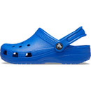 Side profile of a blue bolt Crocs Children's Classic Clog with textured sole, ventilation ports and adjustable heel strap.
