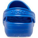 Rear view of a blue bolt Crocs Children's Classic Clog displaying embossed Crocs branding on the heel strap and cushioned back support.