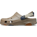 Opposite side view of a khaki Crocs clog highlighting the moulded sole and strap attachment details.
