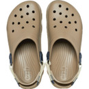 Top view of khaki Crocs clogs showing perforated toe box and cushioned footbed with Crocs branding.
