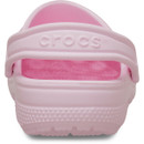 Rear view of a light pink Crocs Classic Clog showing the branded heel strap and cushioned back support.