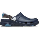 Side profile of a navy Crocs clog with rugged outsole, ventilation cut-outs and fabric heel strap.