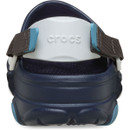 Rear view of a navy Crocs clog showing padded heel strap with embossed Crocs branding.