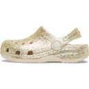 Opposite side view of gold glitter Crocs Chidlren's Classic Clog with breathable holes and raised outsole.
