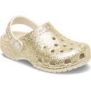 Gold glitter Crocs Children's Classic Clog with cream heel strap, shown at a three-quarter angle on a white background.