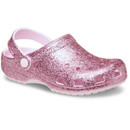 Pink glitter Crocs clog shown at a three-quarter side angle highlighting textured sparkle finish