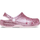 Side profile of pink glitter Crocs clog with pivoting heel strap and lightweight sole