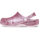 Opposite side view of pink glitter Crocs clog displaying glitter-coated upper and classic shape