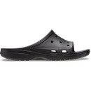 Side profile of a black Crocs slide sandal highlighting the lightweight sole and open toe design.