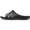Opposite side profile of a black Crocs slide sandal with perforated upper and thick cushioned sole.
