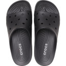 Top-down view of black Crocs slide sandals showing textured footbeds and ventilation holes.