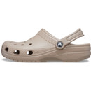 Opposite side view of taupe Crocs Classic Clog with iconic Crocs logo button on the heel strap.