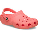 Single guava pink Crocs Classic Clog viewed from the side, highlighting the textured sole, ventilation ports and pivoting heel strap.