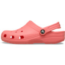 Side profile of a guava pink Crocs Classic Clog with the heel strap positioned back for a secure fit.