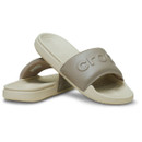 Bone/Taupe coloured Crocs slide sandals with padded strap and embossed Crocs logo, shown as a crossed pair on a white background.