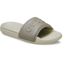 Single bone/taupe coloured Crocs slide sandal with cushioned footbed and wide padded strap featuring raised Crocs branding.