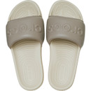 Single bone/taupe coloured Crocs slide sandal with cushioned footbed and wide padded strap featuring raised Crocs branding.