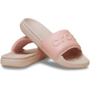 Powder pink Crocs slide sandals with cushioned sole and embossed Crocs logo strap, angled front view on white background