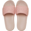 Top view of pair of powder pink Crocs slide sandals with contoured footbeds and embossed logo straps