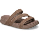 Latte brown Crocs platform sandals showing angled front view with three crystal-style studded straps.